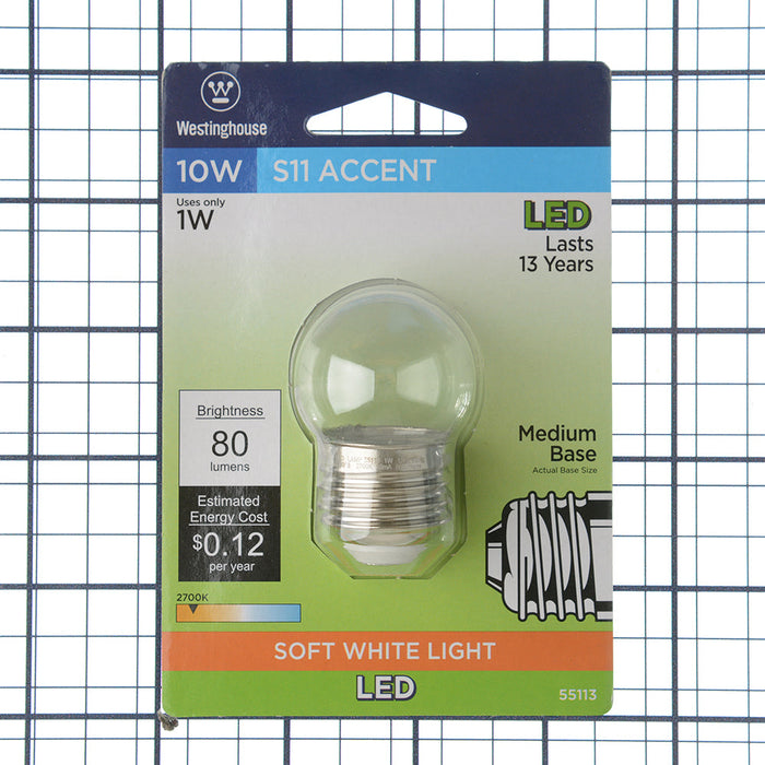 Westinghouse 1S11/Led/Cl/27 1Cd 1W S11 LED Clear 2700K Medium E26 Base 120V Card (5511300)