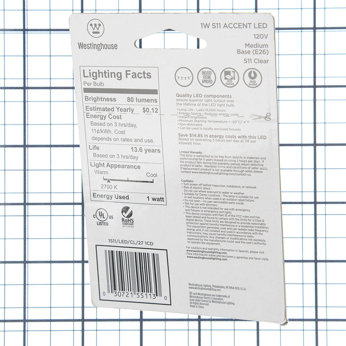Westinghouse 1S11/Led/Cl/27 1Cd 1W S11 LED Clear 2700K Medium E26 Base 120V Card (5511300)