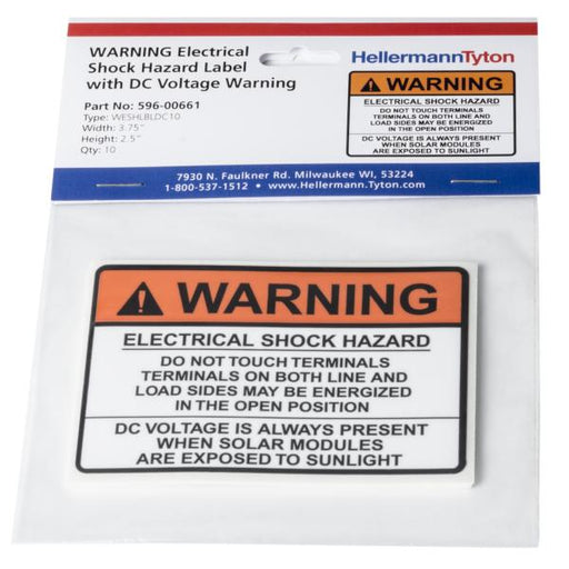 HellermannTyton Solar Label Warning Electrical Shock Hazard (596-00661)