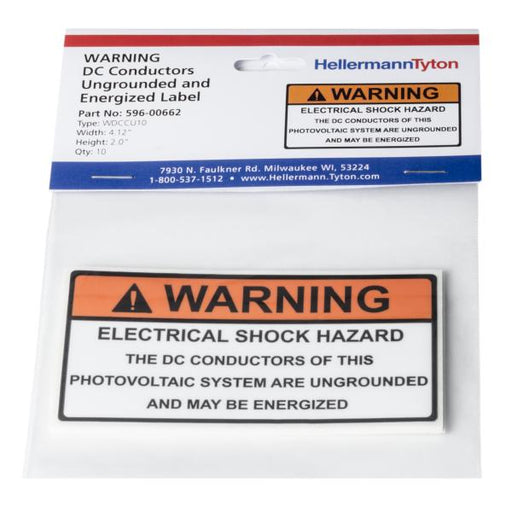 HellermannTyton Solar Label Warning Electrical Shock Hazard 4.12 Inch X 2.0 Inch Vinyl Orange 10 Per Package (596-00662)