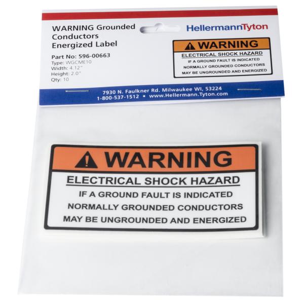 HellermannTyton Solar Label Warning Grounded Conductors Energized... 4.12 Inch X 2.0 Inch Vinyl Orange 10 Per Package (596-00663)