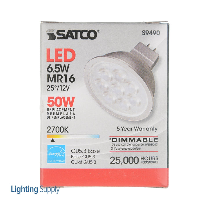 SATCO/NUVO 6.5MR16/LED/25&#039;/27K/12V 6.5W LED MR16 LED 2700K 25 Degree Beam Spread GU5.3 Base 12V AC/DC (S9490)