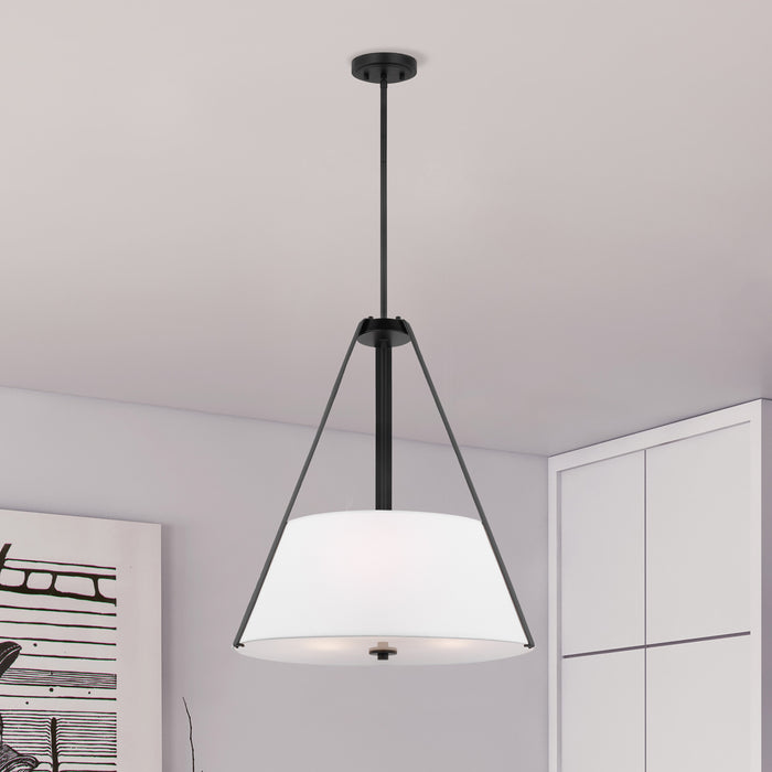 SATCO/NUVO Brewster 3 Light Pendant Black Finish Faux Leather Wrapped Straps White Textile Shade (60-7696)