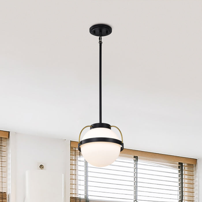 SATCO/NUVO Lakeshore 1 Light Small Pendant Matte Black And Natural Brass Finish White Opal Glass (60-7773)