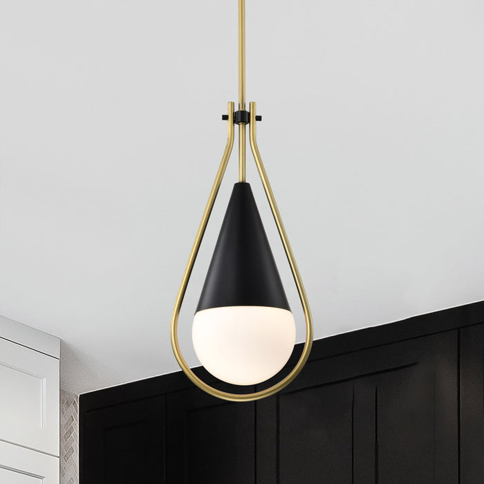 SATCO/NUVO Admiral 1 Light Pendant 6 Inch Matte Black And Natural Brass Finish White Opal Glass (60-7902)