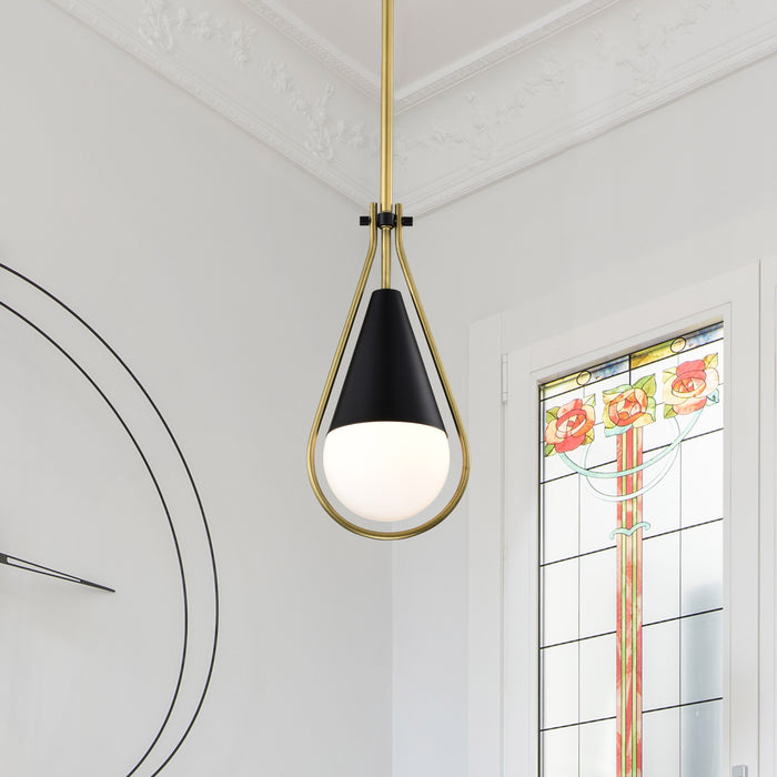 SATCO/NUVO Admiral 1 Light Pendant 10 Inch Matte Black And Natural Brass Finish White Opal Glass (60-7903)