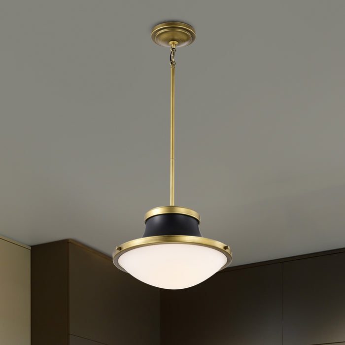 SATCO/NUVO Lafayette 1 Light Pendant 14 Inch Matte Black Finish With Natural Brass Accents And White Opal Glass (60-7907)