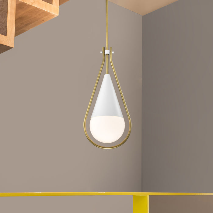 SATCO/NUVO Admiral 1 Light Pendant 10 Inch Matte White And Natural Brass Finish White Opal Glass (60-7923)