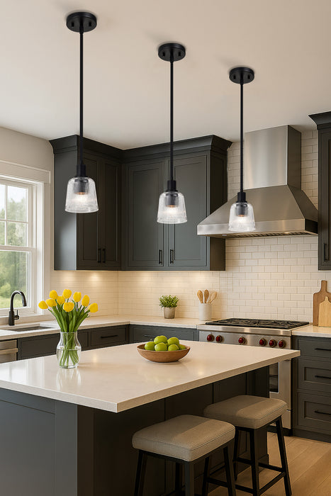 SATCO/NUVO Grayson 1 Light Mini Pendant Matte Black Finish Clear Ribbed Glass (60-8605)