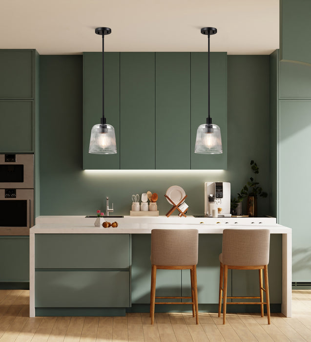 SATCO/NUVO Grayson Small Pendant Matte Black Finish Clear Ribbed Glass (60-8606)