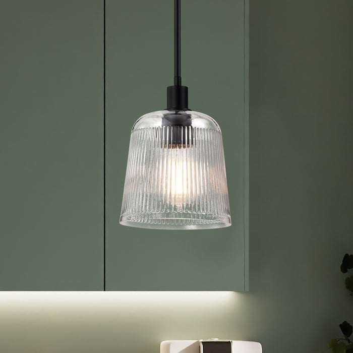 SATCO/NUVO Grayson Small Pendant Matte Black Finish Clear Ribbed Glass (60-8606)