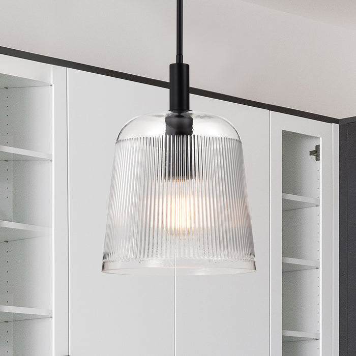 SATCO/NUVO Grayson Large Pendant Matte Black Finish Clear Ribbed Glass (60-8607)