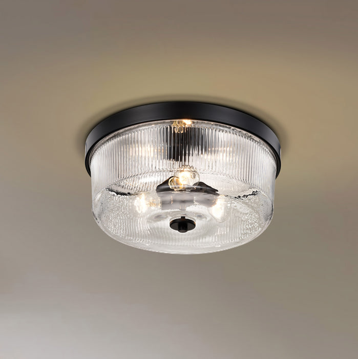 SATCO/NUVO Grayson Large Flush Mount Matte Black Finish Clear Ribbed Glass (60-8609)