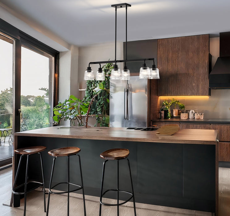 SATCO/NUVO Grayson 6 Light Island Pendant Matte Black Finish Clear Ribbed Glass (60-8610)