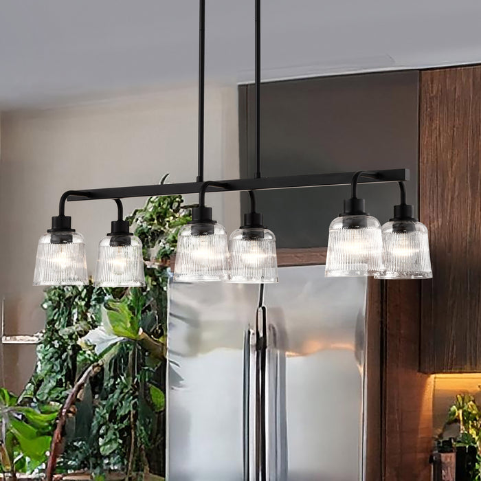 SATCO/NUVO Grayson 6 Light Island Pendant Matte Black Finish Clear Ribbed Glass (60-8610)