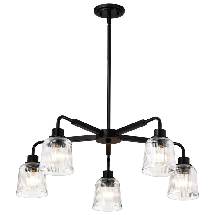 SATCO/NUVO Grayson 5 Light Chandelier Matte Black Finish Clear Ribbed Glass (60-8611)
