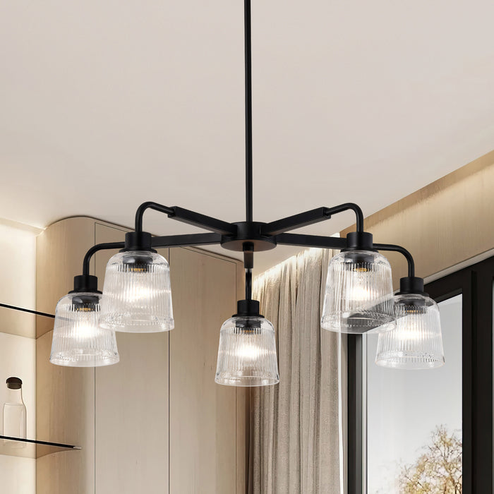 SATCO/NUVO Grayson 5 Light Chandelier Matte Black Finish Clear Ribbed Glass (60-8611)