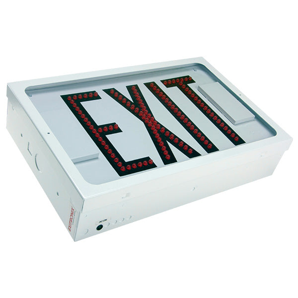 Exitronix Steel Direct View LED Exit Sign Single Face Red LED&#039;s 2 Circuit Input 120/120V White Enclosure White Face/Black Letters Downlight (602E-2CI1-WH-DL-DR)