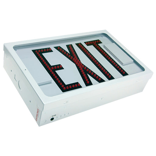 Exitronix Steel Direct View LED Exit Sign Double Face Red LED&#039;s Lead Calcium Battery White Enclosure White Face/Black Letters Self-Diagnostics Mounting Canopy (2) 2.9W LED PAR16 Plastic Lamp Heads (603E-WB-WH-G1-REN3)