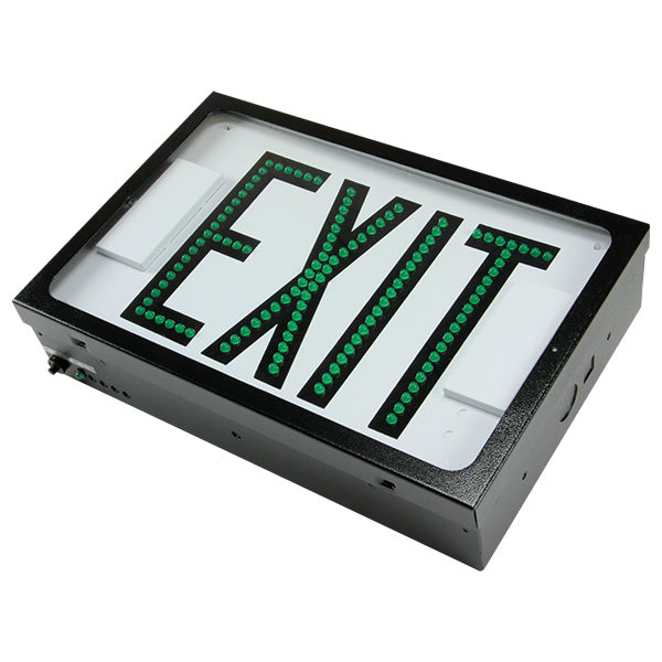 Exitronix Steel Direct View LED Exit Sign Single Face Green LED&#039;s 2 Circuit Input 277/277V Black Enclosure White Face/Black Letters Downlight (G602E-2CI7-BL-DL-DR)
