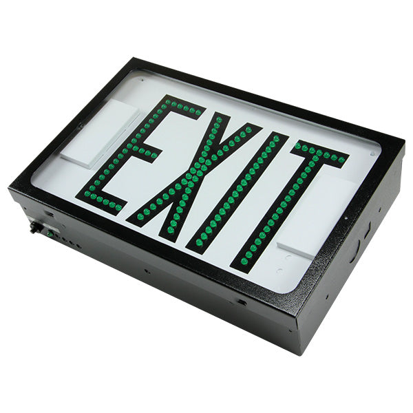 Exitronix Steel Direct View LED Exit Sign Single Face Green LED&#039;s AC Only Black Enclosure White Face/Black Letters Downlight Mounting Canopy (G602E-LB-BL-DL)