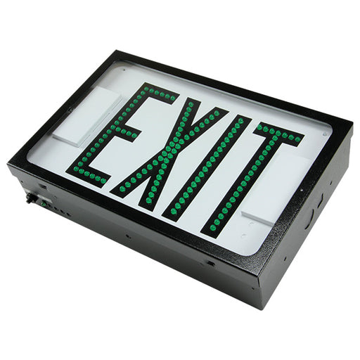 Exitronix Steel Direct View LED Exit Sign Double Face Green LED&#039;s 2 Circuit Input 277/277V Black Enclosure White Face/Black Letters Tamper Resistant Hardware (G603E-2CI7-BL-DR-TRH)