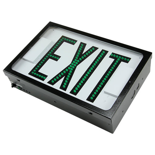 Exitronix Steel Direct View LED Exit Sign Double Face Green LED&#039;s 2 Circuit Input 120/277V Black Enclosure White Face/Black Letters Downlight (G603E-2CI17-BL-DL-DR)