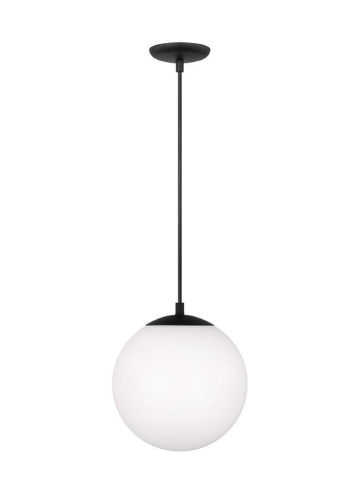 Generation Lighting Leo Hanging Globe 1-Light Medium Pendant In Midnight Black Finish With Smooth White Glass Shade (6020-112)