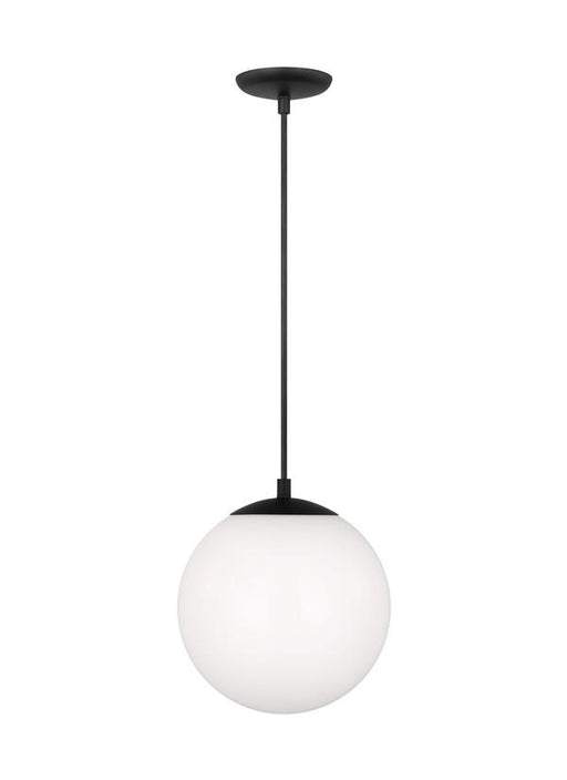 Generation Lighting Leo Hanging Globe 1-Light Medium Pendant In Midnight Black Finish With Smooth White Glass Shade (6020-112)