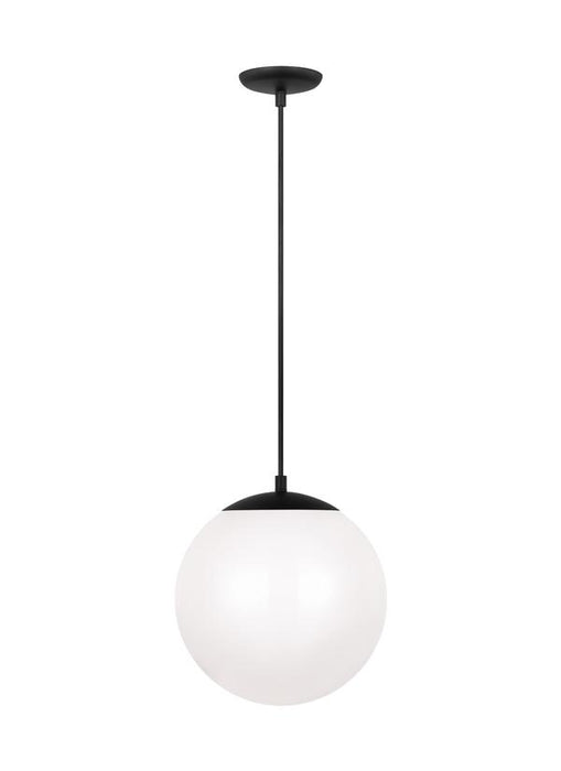 Generation Lighting Leo Hanging Globe 1-Light Large Pendant In Midnight Black Finish With Smooth White Glass Shade (6022-112)