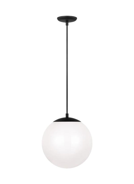 Generation Lighting Leo Hanging Globe 1-Light Large Pendant In Midnight Black Finish With Smooth White Glass Shade (6022-112)