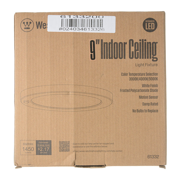 Westinghouse 8 Inch 18W LED Flush With Motion Sensor And CCT Selectable 3000K/4000K/5000K White Finish White Acrylic Shade (6133200)