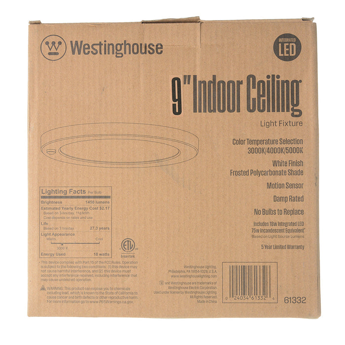 Westinghouse 8 Inch 18W LED Flush With Motion Sensor And CCT Selectable 3000K/4000K/5000K White Finish White Acrylic Shade (6133200)