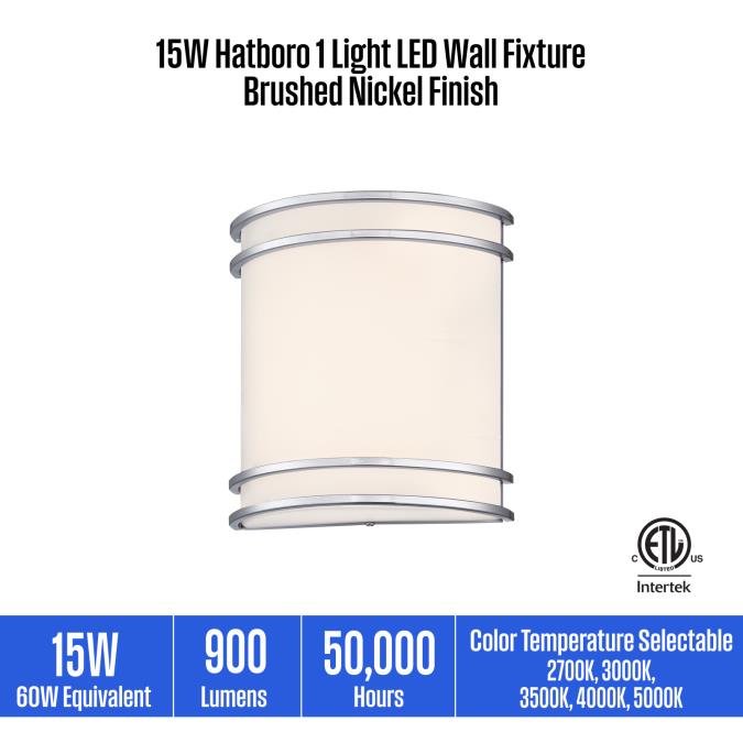 Westinghouse 15W 1 Light LED Wall Fixture CCT Selectable 2700K/3000K/3500K/4000K/5000K Brushed Nickel Finish Frosted Acrylic Shade (6135500)