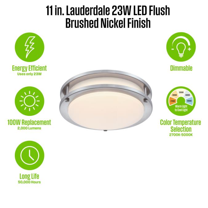Westinghouse Lauderdale 23W 11 Inch Dimmable LED Flush Mount Brushed Nickel With Acrylic Shade 27-50K (6136000)