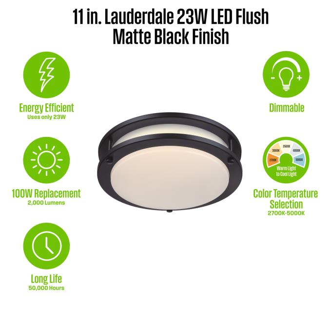 Westinghouse Lauderdale 23W 11 Inch Dimmable LED Flush Mount Black With Acrylic Shade CCT Selectable 2700K/3000K/3500K/4000K/5000K (6136100)