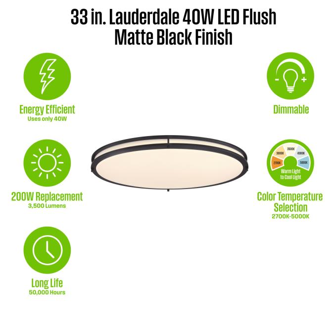 Westinghouse Lauderdale 40W 32.5 Inch Dimmable LED Flush Mount Black With Acrylic Shade CCT Selectable 2700K/3000K/3500K/4000K/5000K (6136300)