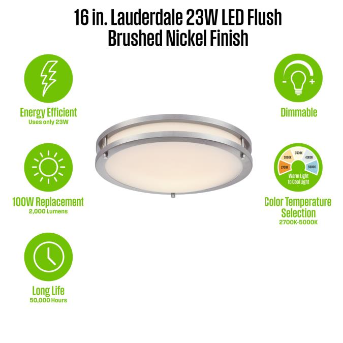 Westinghouse Lauderdale 23W 15.75 Inch Dimmable LED Flush Mount Brushed Nickel With Acrylic Shade CCT Selectable 2700K/3000K/3500K/4000K/5000K (6136400)