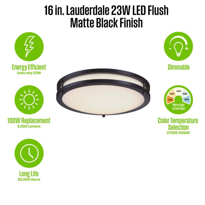 Westinghouse Lauderdale 23W 15.75 Inch Dimmable LED Flush Mount Black With Acrylic Shade CCT Selectable 2700K/3000K/3500K/4000K/5000K (6136500)