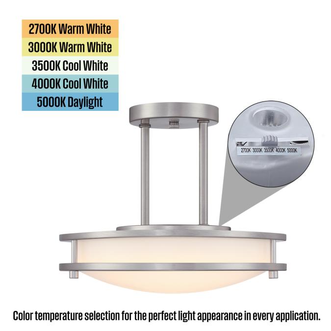 Westinghouse Lauderdale 15W 12 Inch Dimmable LED Semi-Flush Mount Brushed Nickel With Acrylic Shade CCT Selectable 2700K/3000K/3500K/4000K/5000K (6136600)