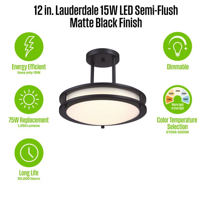 Westinghouse Lauderdale 15W 12 Inch Dimmable LED Semi-Flush Mount Black With Acrylic Shade CCT Selectable 2700K/3000K/3500K/4000K/5000K (6136700)