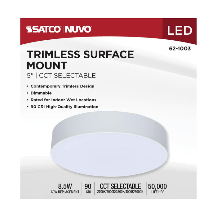 SATCO/NUVO 9W 5 Inch LED Trimless Surface Mount CCT Selectable 2700K/3000K/3500K/4000K/5000K Line Voltage Dimmable White Finish 120V (62-1003)