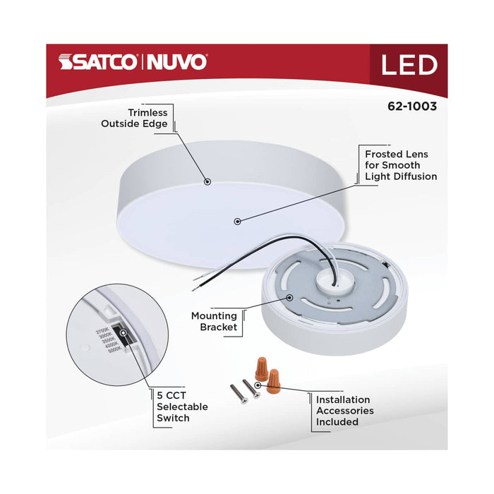 SATCO/NUVO 9W 5 Inch LED Trimless Surface Mount CCT Selectable 2700K/3000K/3500K/4000K/5000K Line Voltage Dimmable White Finish 120V (62-1003)