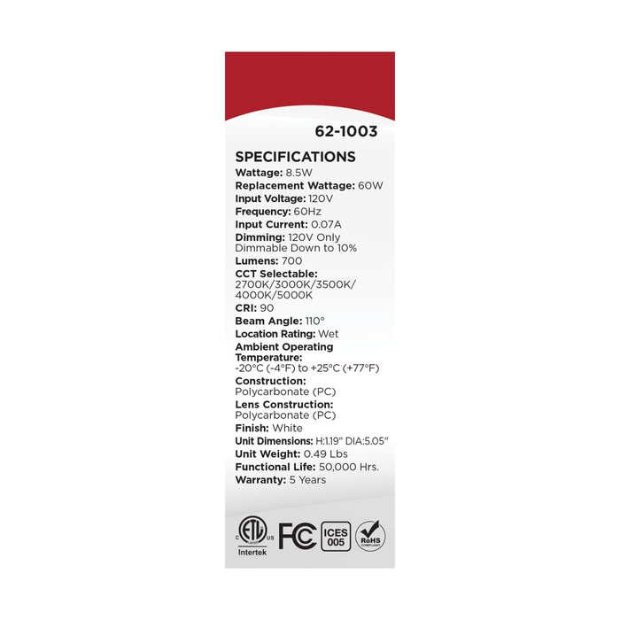SATCO/NUVO 9W 5 Inch LED Trimless Surface Mount CCT Selectable 2700K/3000K/3500K/4000K/5000K Line Voltage Dimmable White Finish 120V (62-1003)