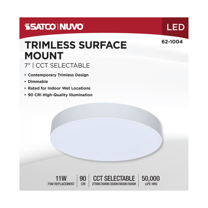 SATCO/NUVO 11W 7 Inch LED Trimless Surface Mount CCT Selectable 2700K/3000K/3500K/4000K/5000K Line Voltage Dimmable White Finish 120V (62-1004)