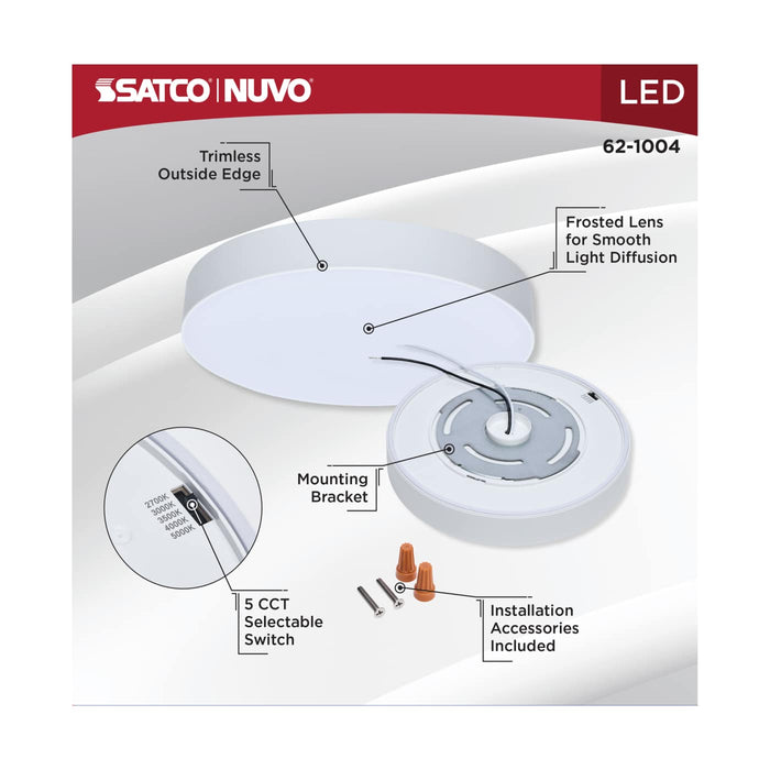 SATCO/NUVO 11W 7 Inch LED Trimless Surface Mount CCT Selectable 2700K/3000K/3500K/4000K/5000K Line Voltage Dimmable White Finish 120V (62-1004)