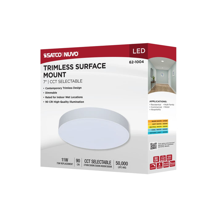SATCO/NUVO 11W 7 Inch LED Trimless Surface Mount CCT Selectable 2700K/3000K/3500K/4000K/5000K Line Voltage Dimmable White Finish 120V (62-1004)