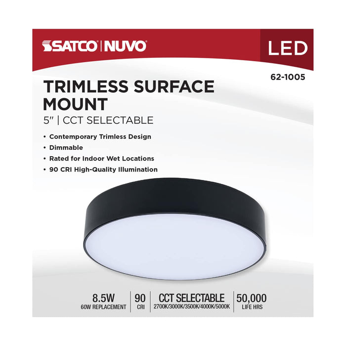 SATCO/NUVO 9W 5 Inch LED Trimless Surface Mount CCT Selectable 2700K/3000K/3500K/4000K/5000K Line Voltage Dimmable Black Finish 120V (62-1005)