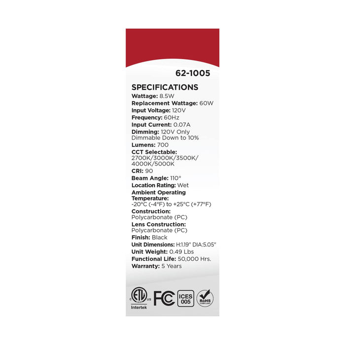 SATCO/NUVO 9W 5 Inch LED Trimless Surface Mount CCT Selectable 2700K/3000K/3500K/4000K/5000K Line Voltage Dimmable Black Finish 120V (62-1005)