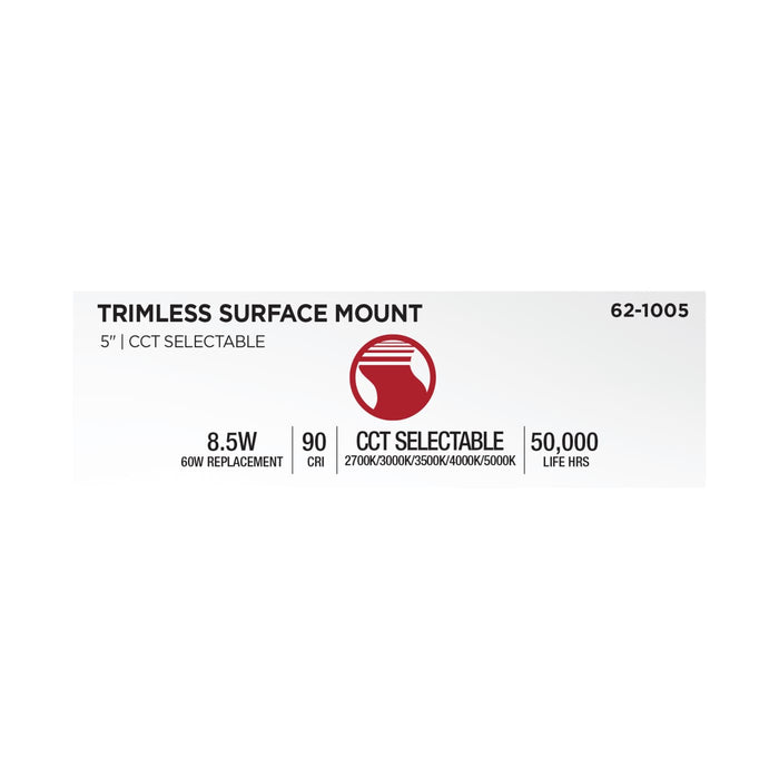 SATCO/NUVO 9W 5 Inch LED Trimless Surface Mount CCT Selectable 2700K/3000K/3500K/4000K/5000K Line Voltage Dimmable Black Finish 120V (62-1005)
